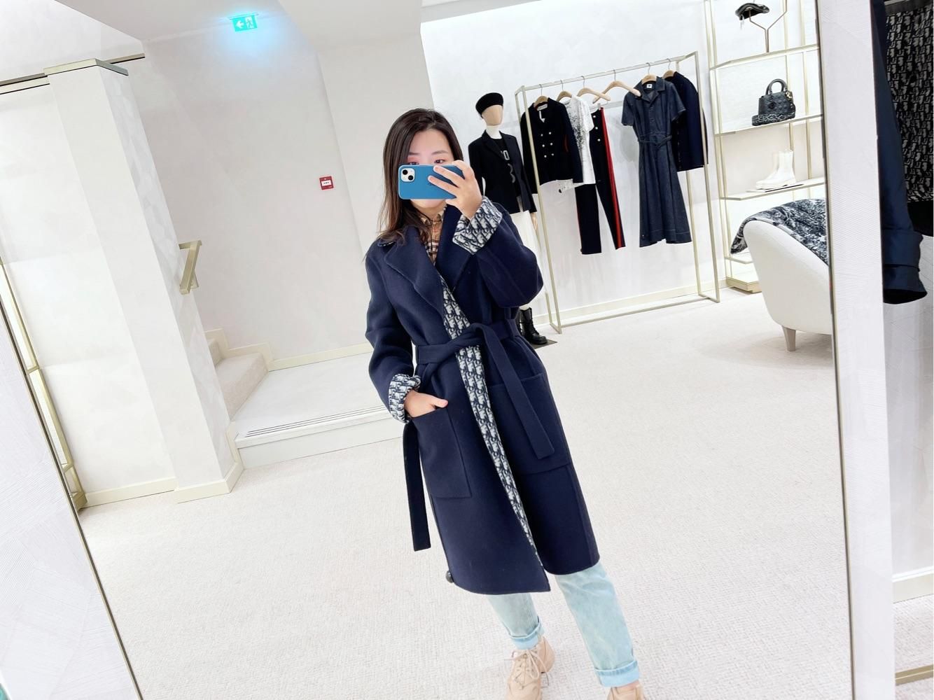 Dior 羊绒大衣 迪奥21秋冬长款蓝色老花浴袍式腰带大衣