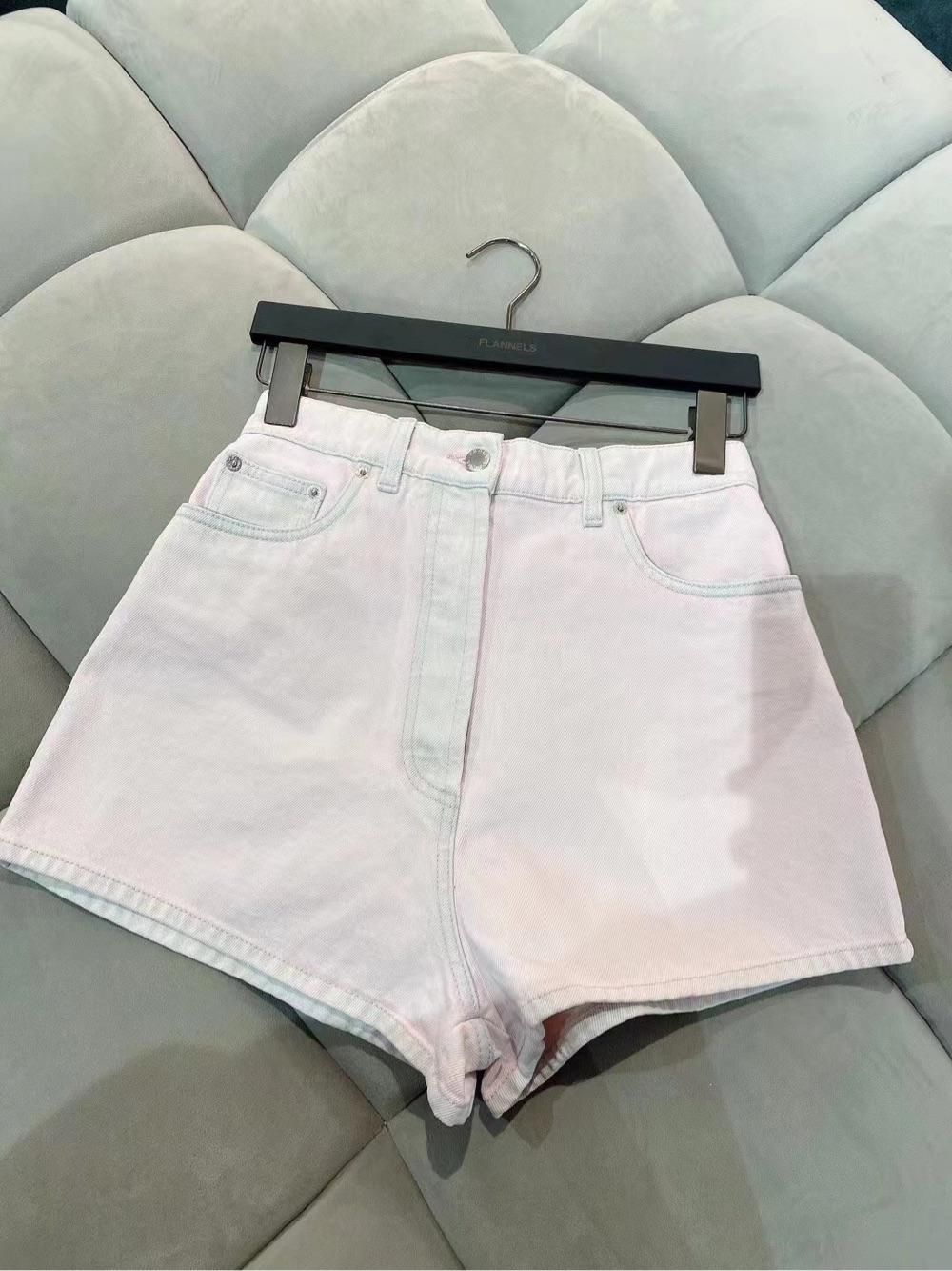 折扣Prada普拉达女装22早春新款白粉色牛仔短裤热裤