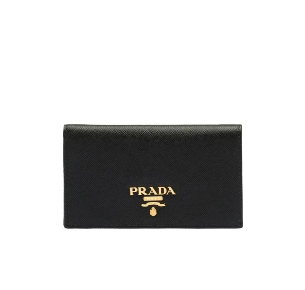 Prada普拉达 黑色十字纹对折钱夹卡夹钱包 拼色短夹