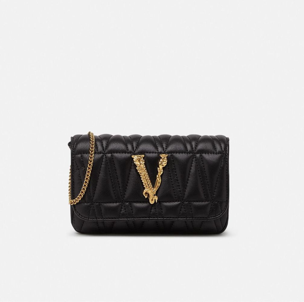 Versace范思哲女包黑色VIRTUS绗缝小羊皮手拿晚装包迷你单肩包