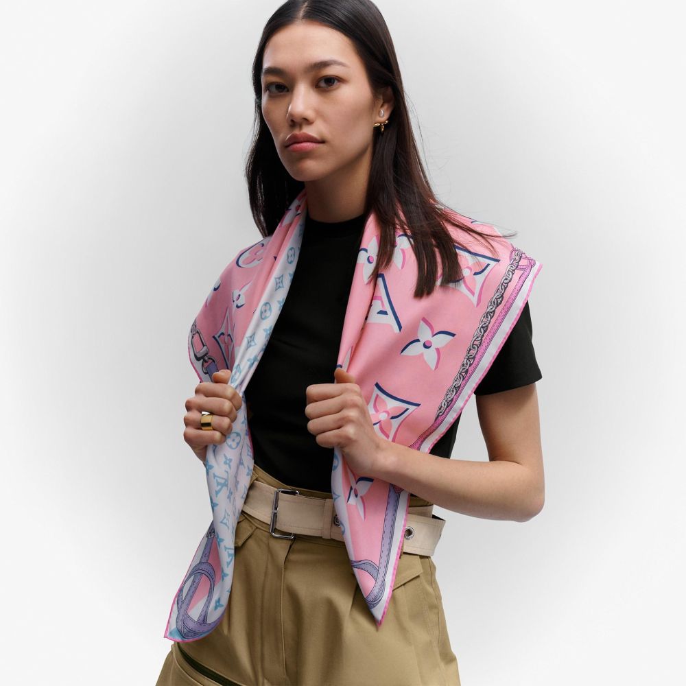 lv女士大小logo粉蓝拼色小方巾丝巾包包配饰束发带m76732