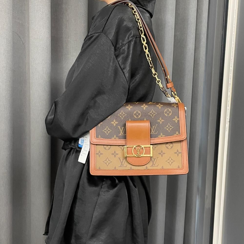 二手98新路易威登lvdauphine系列经典老花拼色中号单肩包