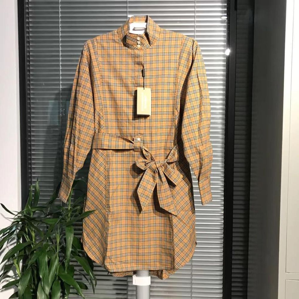 特价出burberry巴宝莉女士格纹系腰式衬衫裙瑕疵款80337331