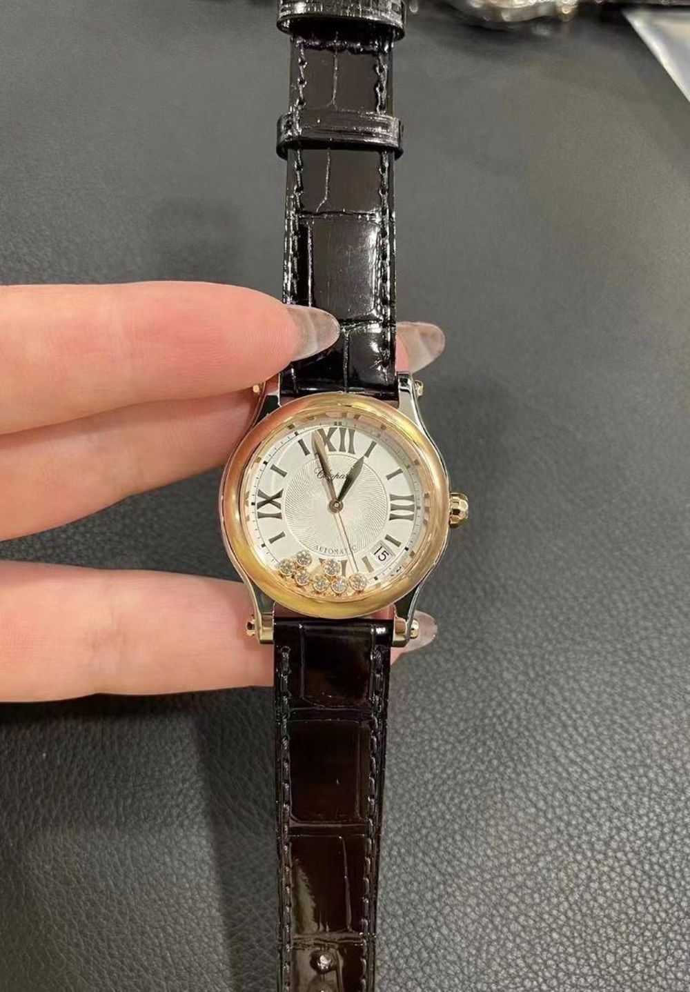 chopard蕭邦快樂鑽石七鑽自動機械鱷魚皮帶腕錶女黑色2785596001