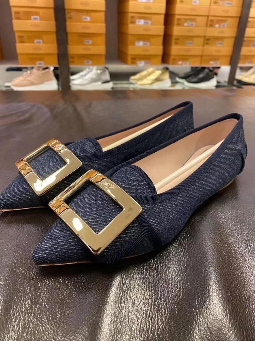 特价rv女鞋女士金方扣单宁牛仔单鞋平底一脚蹬