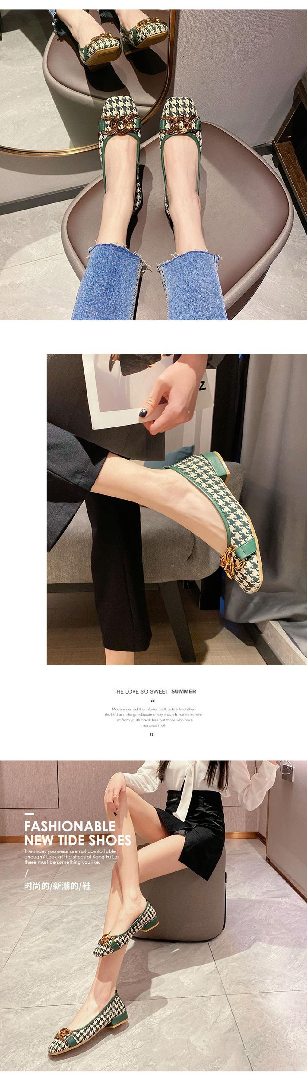 单鞋女新款一脚蹬懒人鞋方头浅口低帮平底金属链格子布软皮休闲鞋